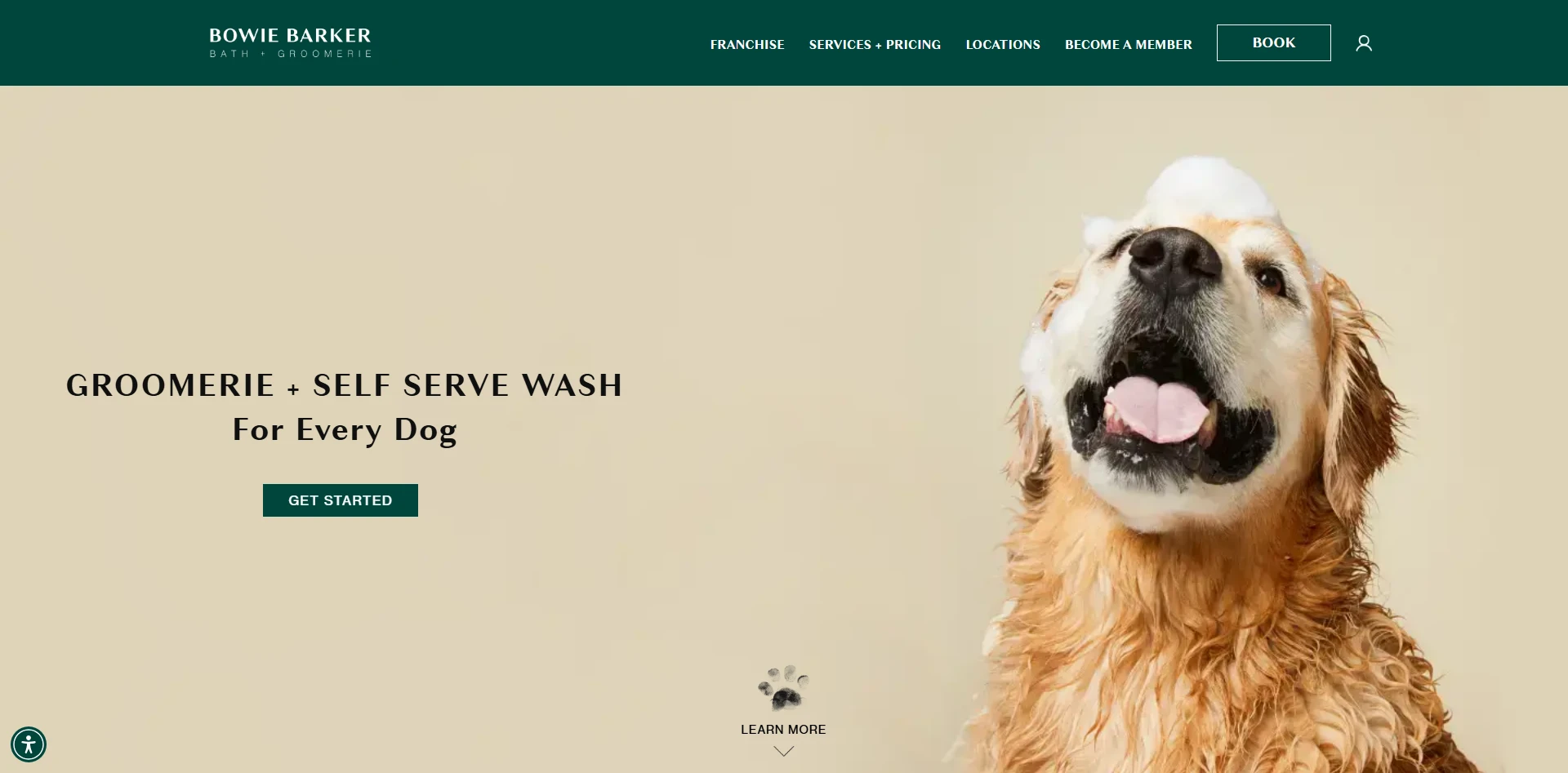 CyberMark's Bowie Barker Bath + Groomerie website, featuring modern dog grooming brand design