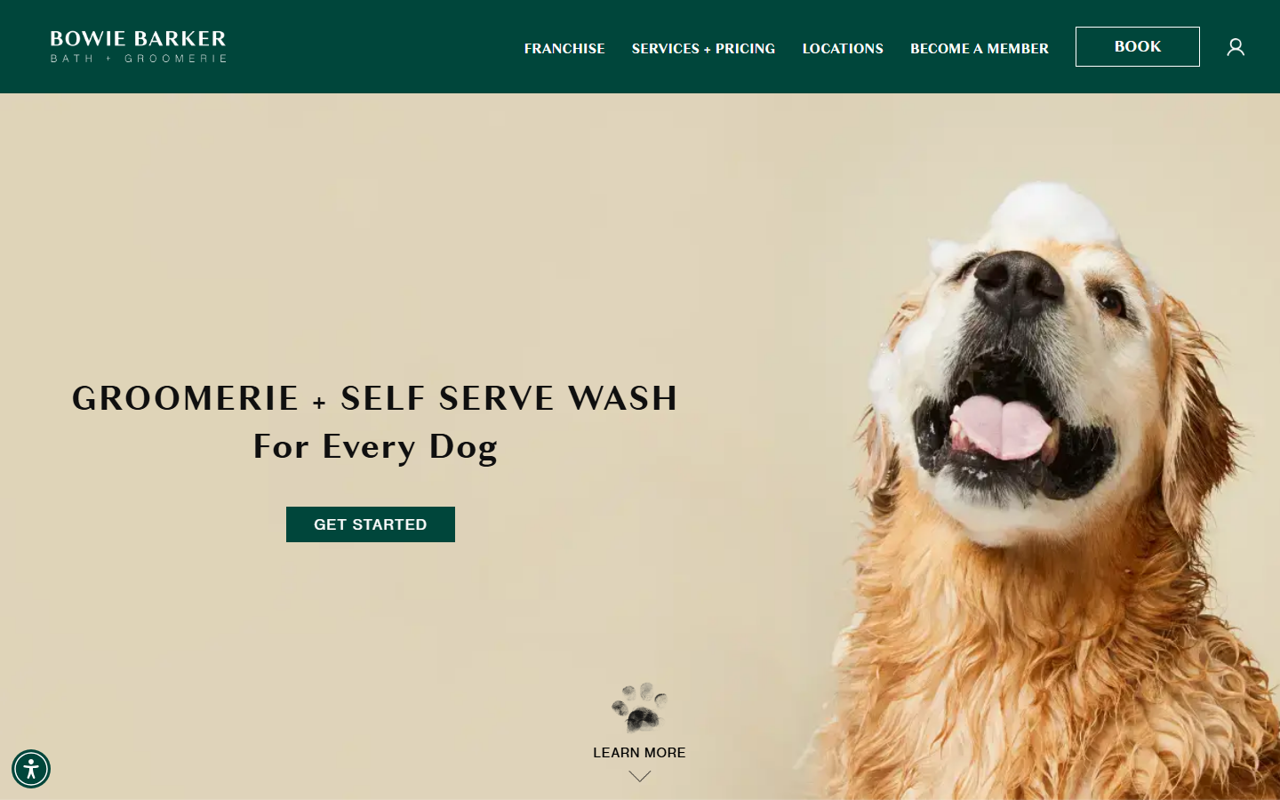 Bowie Barker homepage, desktop, 1440px, grooming hero with golden retriever photography