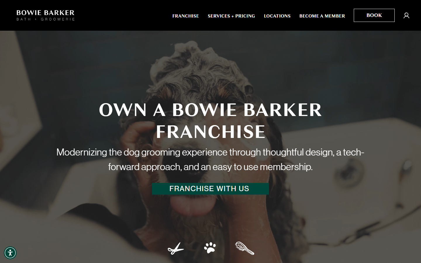 Bowie Barker franchise development page, 'Own a Bowie Barker Franchise' hero with CTA