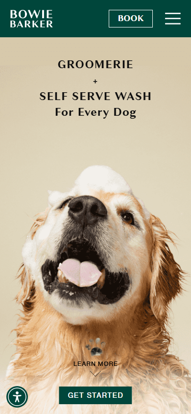 Bowie Barker homepage, mobile, 390px, stacked text and full-bleed dog photo
