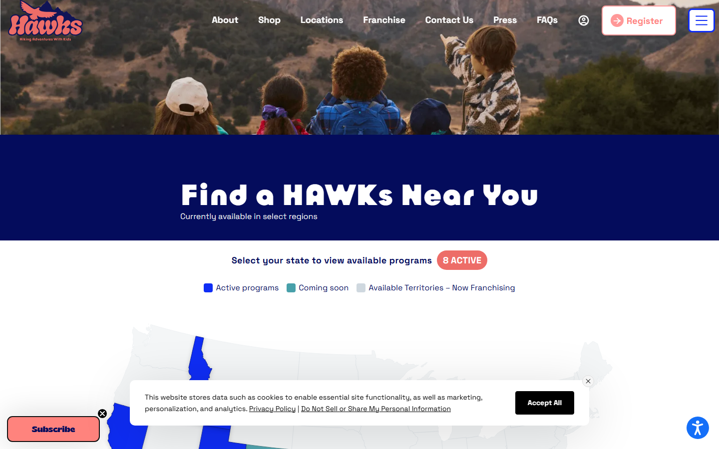 HAWKs locations page, 'Find a HAWKs Near You' with US map showing 8 active and franchising territories