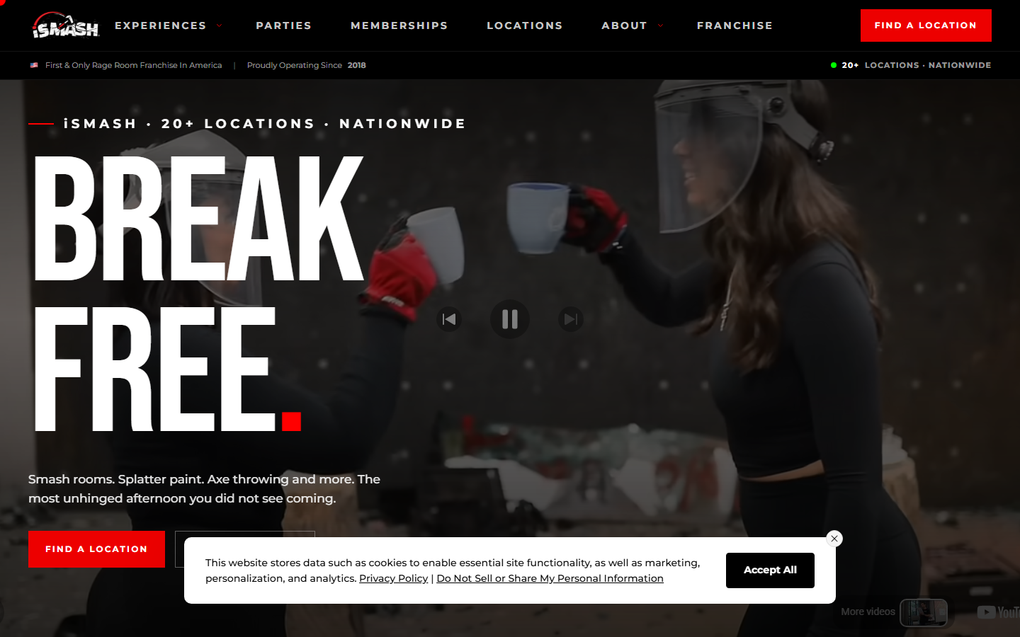 iSMASH USA homepage, desktop, 1440px, 'Break Free' headline over smash room video background