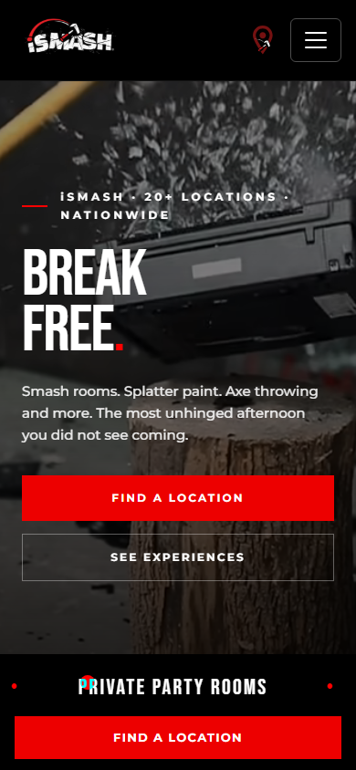 iSMASH USA homepage, mobile, 390px, stacked CTA layout with axe-throwing background