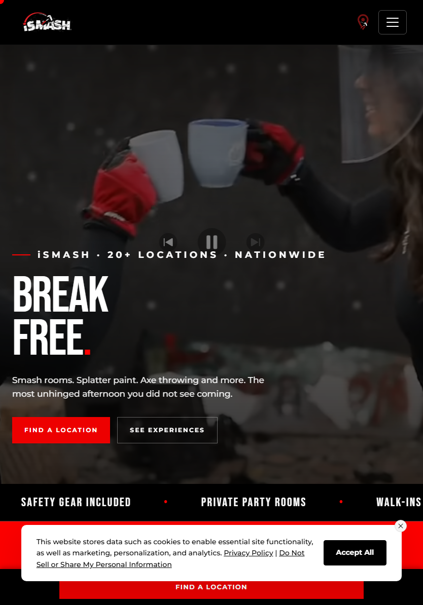 iSMASH USA homepage, tablet, 834px, Break Free hero with location finder and feature bar