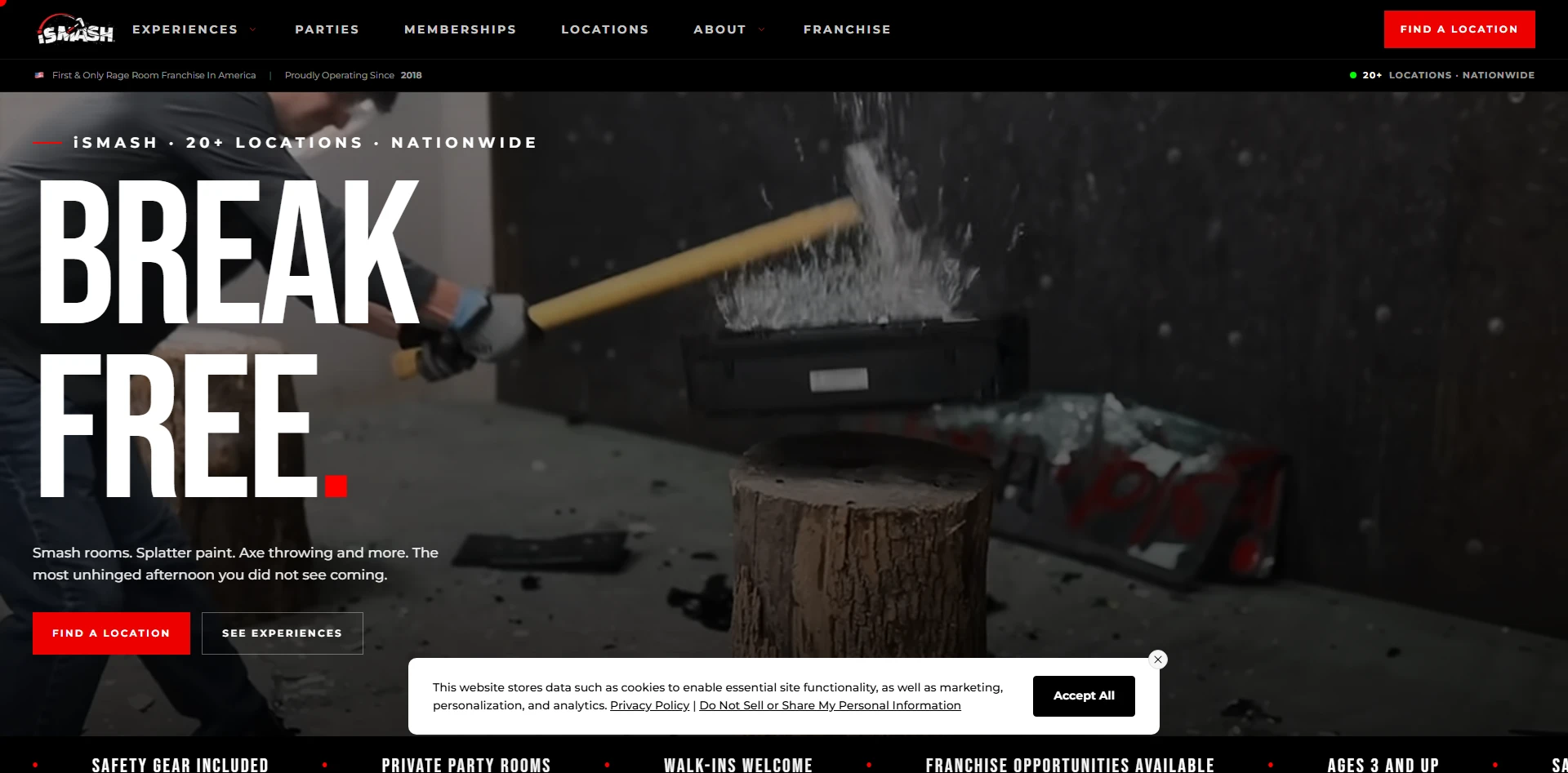 CyberMark's iSmash rage room franchise website, with bold red branding and high-energy photography